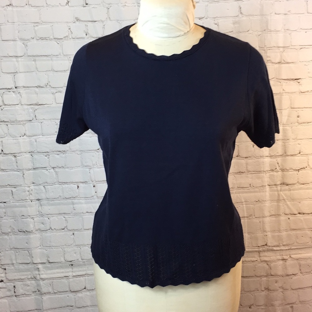 Alfred Dunner Navy Blue Short Sleeve Sweater Pullover Top Large Petite